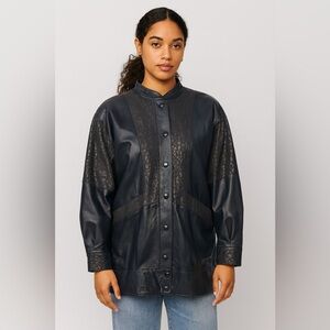 Vtg Oscar Leopold Deep Navy Animal Print Panels Retro Genuine Leather Jacket P/S